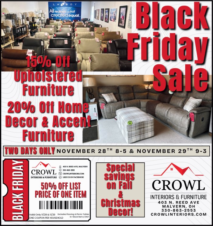 Black Friday Sale - Get 15% off Upholstered Furniture and 20% off Home Decor or Accent Furniture, and 50% off one item